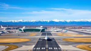 Aerial view of Salt Lake City International Airport runway with modern terminal building, snow-capped mountains in background, commercial aircraft landing, blue sky