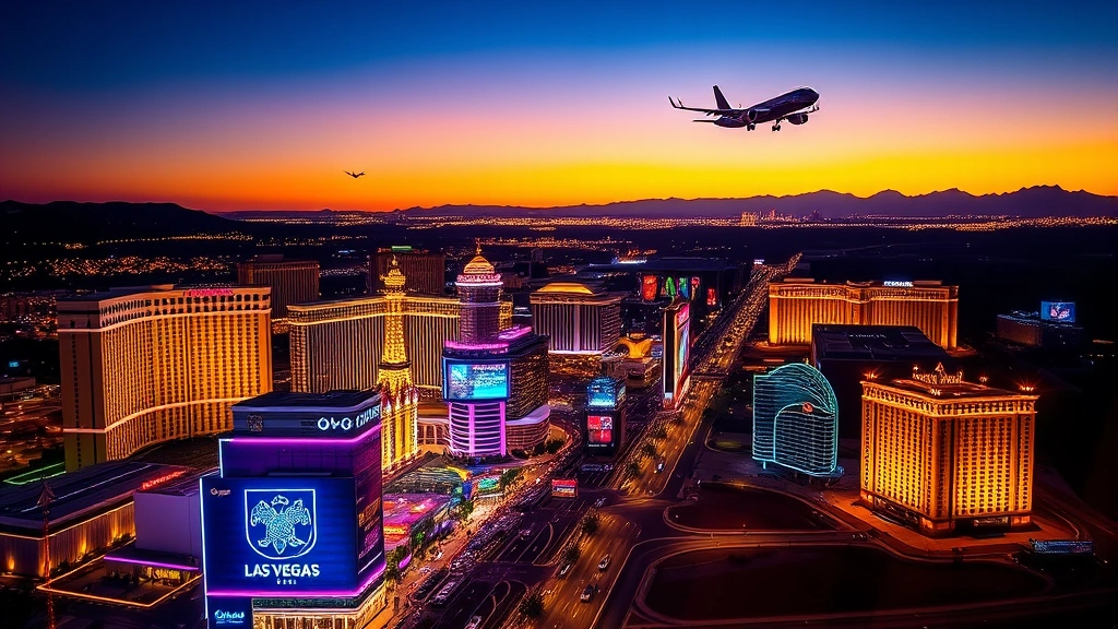 Bright neon Las Vegas Strip at twilight with iconic hotel-casinos, desert landscape, city lights reflecting in windows, commercial airplane flying overhead approaching landing