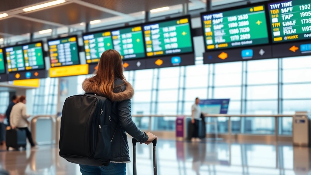 Traveler at airport gate checking flight information display, holding luggage, modern airport terminal interior, digital screens showing flight times and destinations