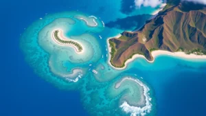 Overhead view of Hawaiian islands with turquoise ocean water and white sand beaches, aerial photography, tropical landscape, no text or labels