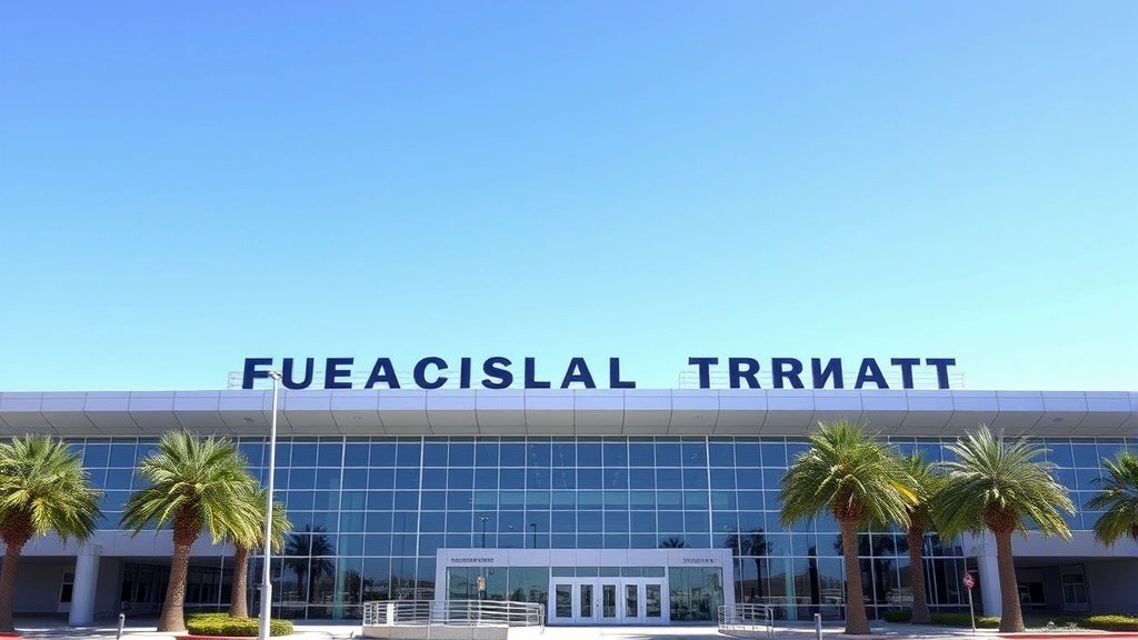 San Diego International Airport terminal exterior with palm trees and clear blue sky, modern architecture, sunny California day, no signage or text visible