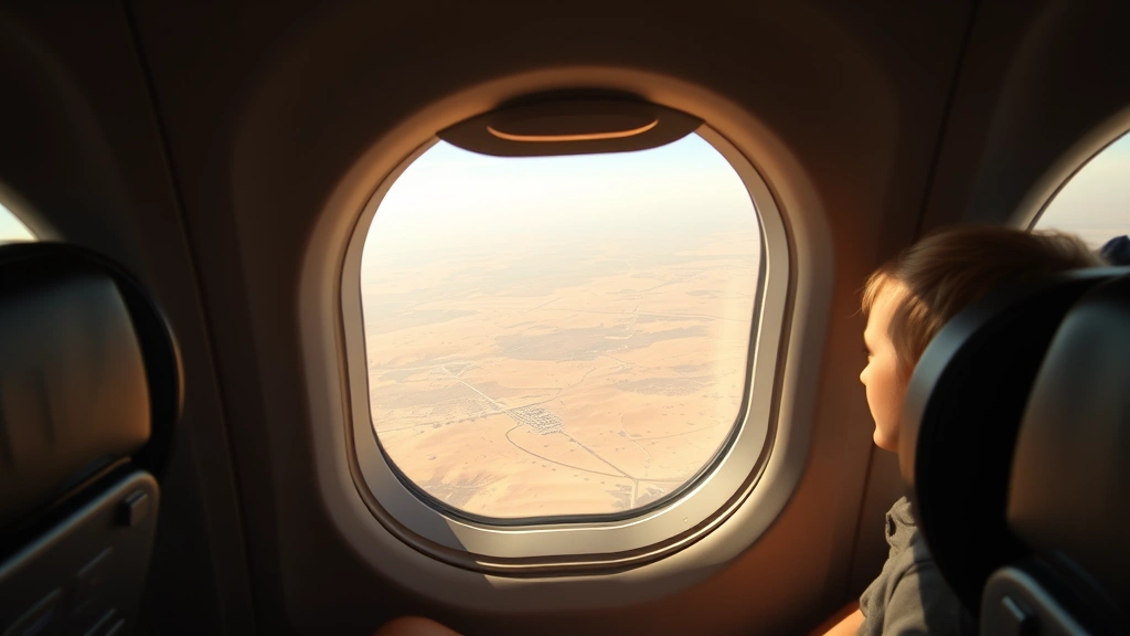 Inside airplane cabin during flight with window view of desert terrain below, passenger in seat, natural daylight streaming through window, photorealistic