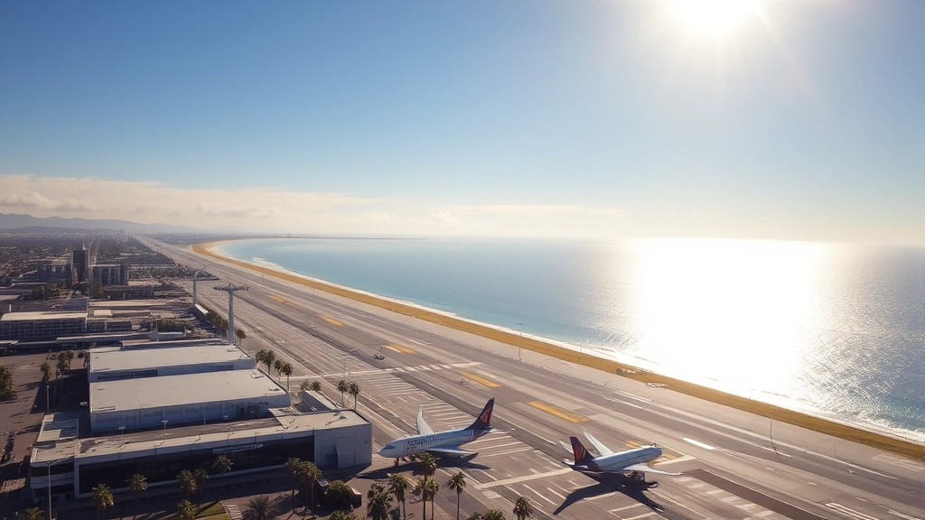 Aerial view of San Diego International Airport with palm trees and Pacific Ocean coastline visible, sunny California morning light, commercial aircraft on tarmac