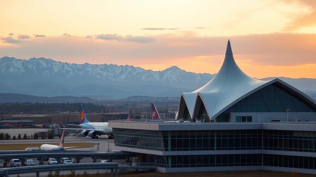 Denver International Airport with Rocky Mountains visible in background, modern architecture with distinctive white peaked roof design, mountain landscape at sunrise