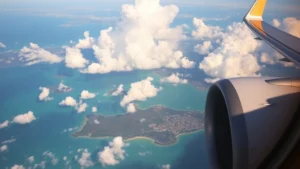 Aerial view of Hawaiian islands with turquoise ocean and clouds, taken from airplane window during descent into Honolulu, golden hour lighting