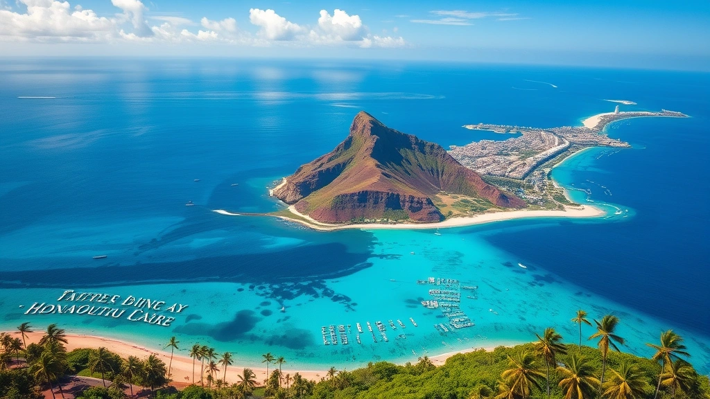 Vibrant Honolulu coastline with Diamond Head crater, white sand beaches, clear blue Pacific Ocean waters, palm trees and tropical vegetation, aerial perspective
