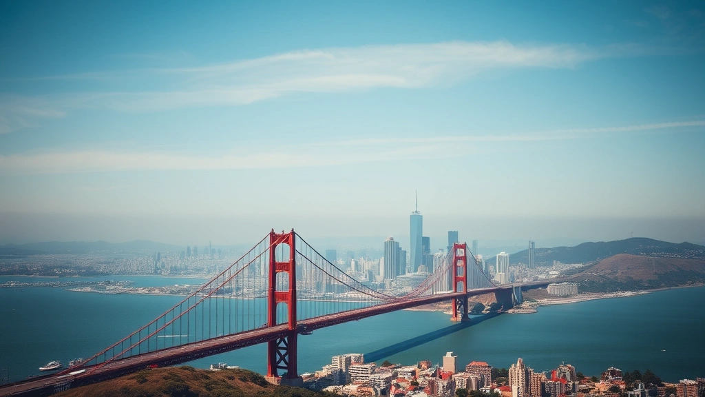 Aerial view of San Francisco skyline with Golden Gate Bridge and San Francisco Bay, professional photography, daytime, clear sky, cityscape perspective
