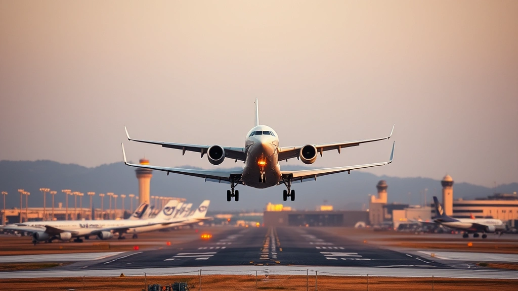 Commercial airplane landing at Los Angeles International Airport with runway lights and airport infrastructure visible, golden hour lighting, aviation photography