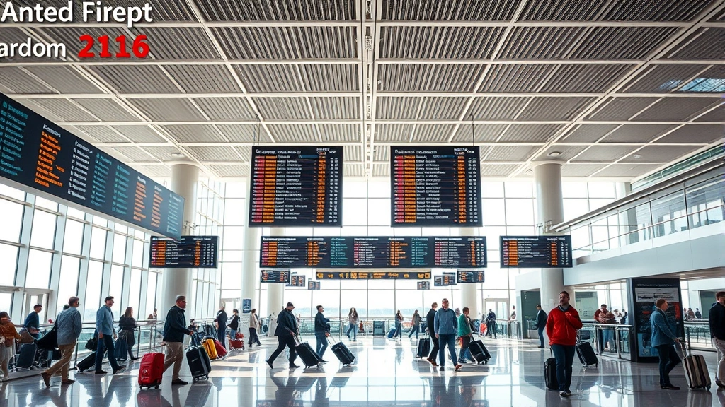 Modern airport terminal interior with departure boards, travelers with luggage, natural light from windows, busy but organized atmosphere, contemporary airport design