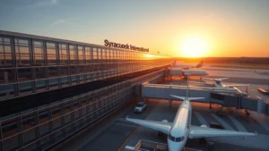 Aerial view of Syracuse Hancock International Airport terminal with modern glass architecture and aircraft boarding, golden hour sunlight reflecting off windows, realistic daytime photography