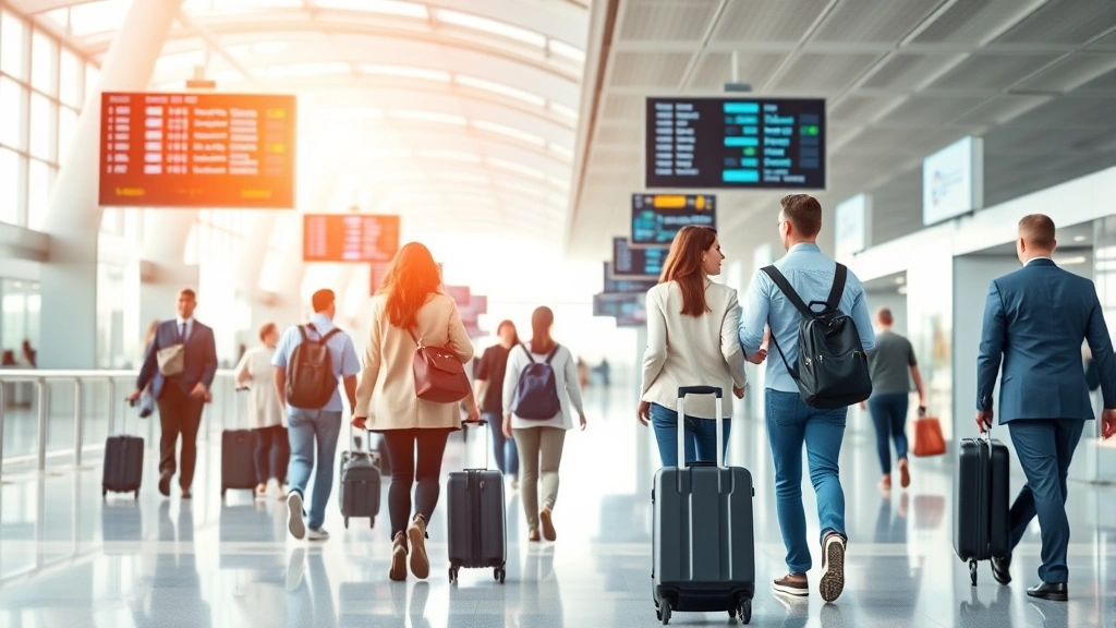 Travel scene showing passengers in modern airport terminal with luggage walking toward departure gates, bright contemporary airport interior with digital flight displays, diverse travelers representing families and business professionals