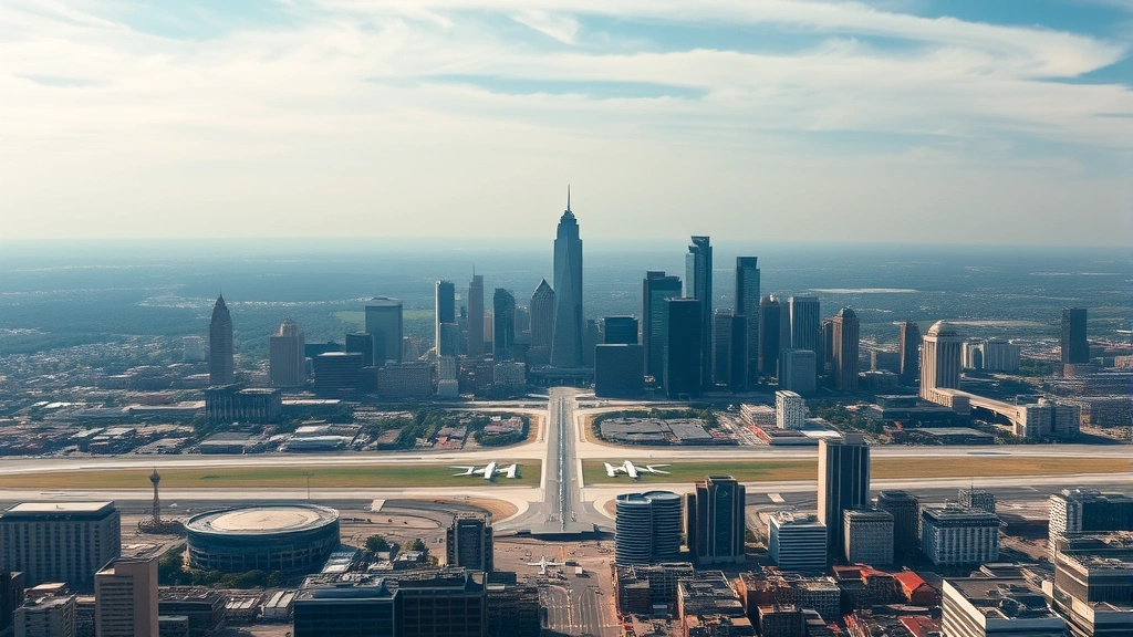 Aerial view of Atlanta skyline with Hartsfield-Jackson airport runway visible, urban landscape, daytime photography, modern city infrastructure