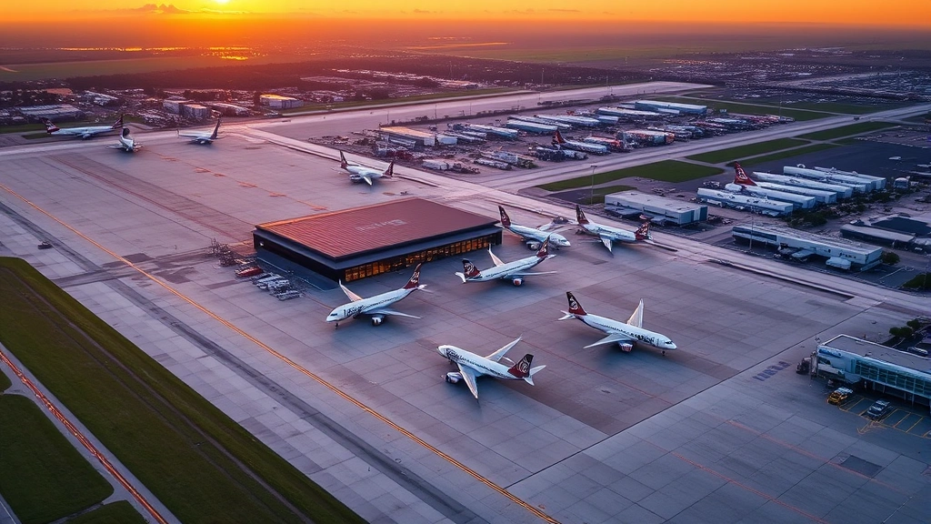 Aerial view of Tampa International Airport (TPA) with commercial aircraft on tarmac at sunrise, showing terminal buildings and runways with morning light