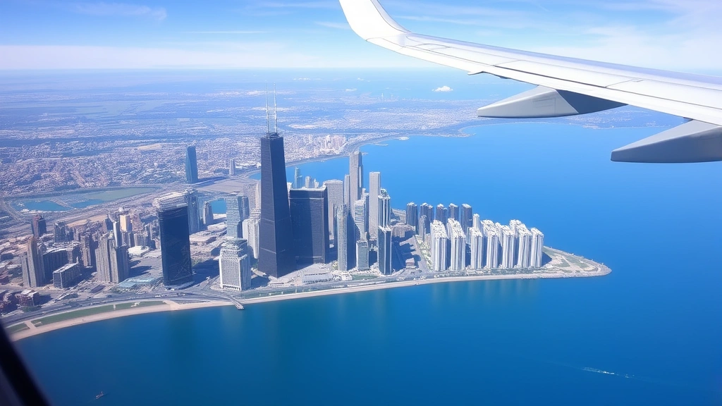 Chicago skyline with Lake Michigan featuring Willis Tower and downtown skyscrapers, viewed from aircraft window during daytime approach