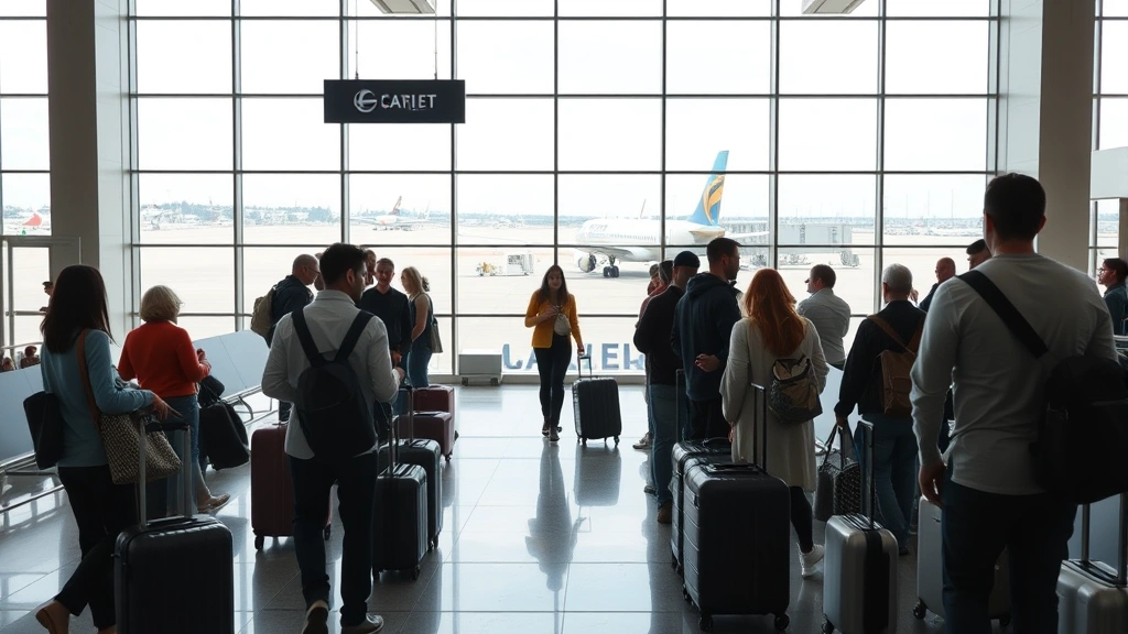 Modern airport gate area with diverse passengers waiting to board, carry-on luggage, large windows showing aircraft outside, bright contemporary terminal design