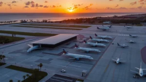 Aerial view of Tampa International Airport tarmac with modern terminal and aircraft lined up during golden hour, showing palm trees and Gulf Coast horizon in background