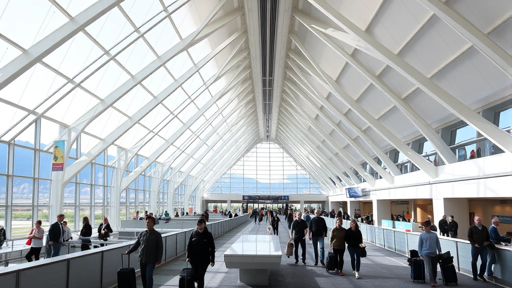 Denver International Airport modern terminal interior with distinctive white peaked roof architecture, passengers walking with luggage, mountain views visible through windows, bright natural lighting