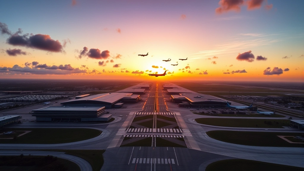 Aerial view of Tampa International Airport at sunrise with runway lights and commercial aircraft, showing modern terminal buildings and surrounding landscape