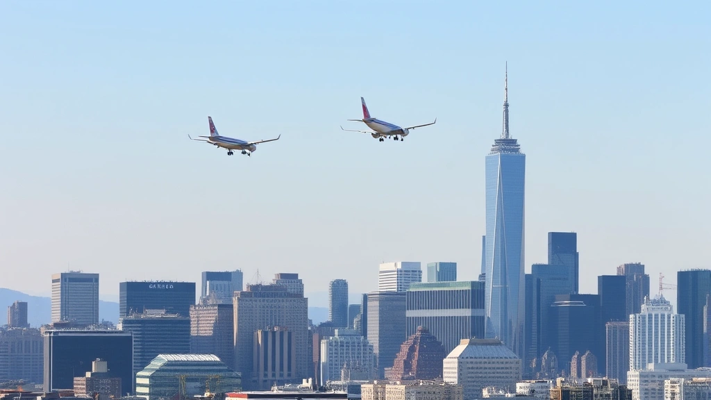 Busy New York City skyline with commercial airplanes approaching LaGuardia Airport, Manhattan buildings visible in background, daytime clear weather