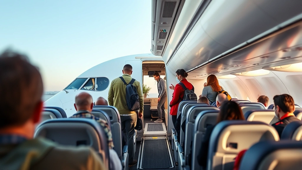 Passenger boarding an American commercial aircraft at gate, showing modern cabin interior with overhead bins and comfortable seating, flight attendants greeting passengers