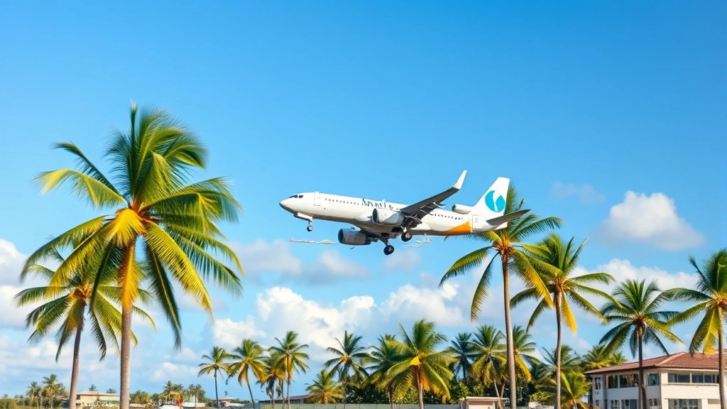 Modern commercial aircraft taking off from tropical airport with palm trees and blue sky, professional aviation photography