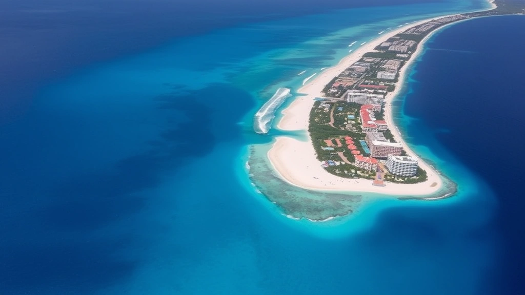 Aerial view of Cancun's turquoise Caribbean waters meeting white sand beaches with resort hotels along coastline