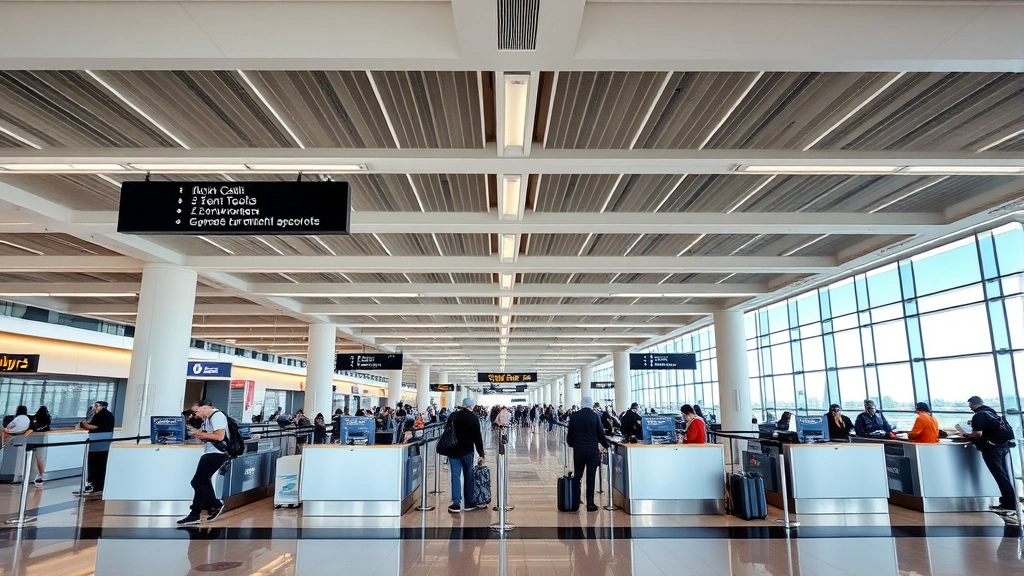 Tijuana International Airport modern terminal interior with passengers checking in at airline counters, contemporary travel setting
