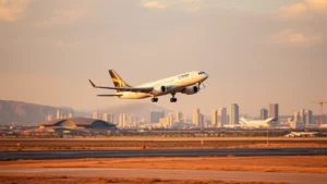 Modern aircraft taking off from Tijuana airport with desert landscape and city skyline in background, golden hour lighting, professional aviation photography