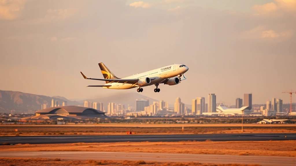 Modern aircraft taking off from Tijuana airport with desert landscape and city skyline in background, golden hour lighting, professional aviation photography