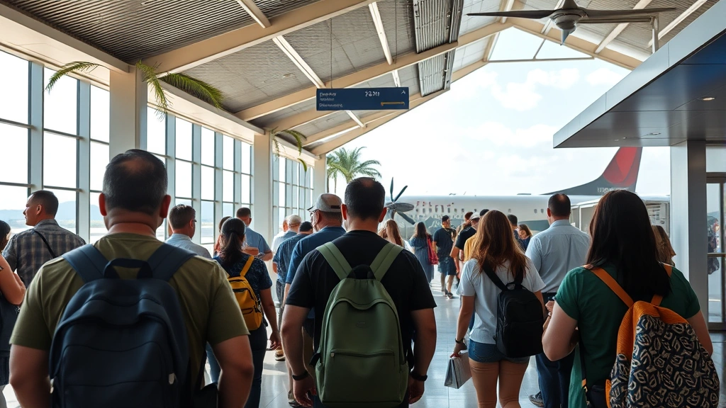 Passengers boarding regional aircraft at Mexican airport gate, tropical terminal interior with modern architecture, natural daylight streaming through windows, candid travel scene