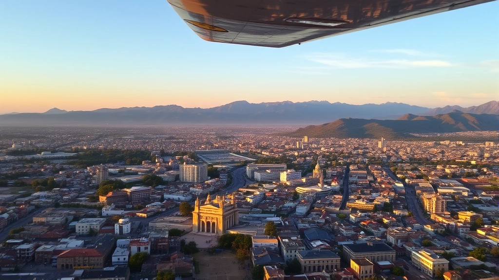 Aerial view of Guadalajara cityscape with colonial architecture and surrounding mountains, taken from aircraft during approach, sunset lighting over urban sprawl