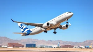 Professional photograph of modern commercial aircraft taking off from Las Vegas airport with desert landscape in background, clear blue sky, authentic airline livery visible, no text or signage