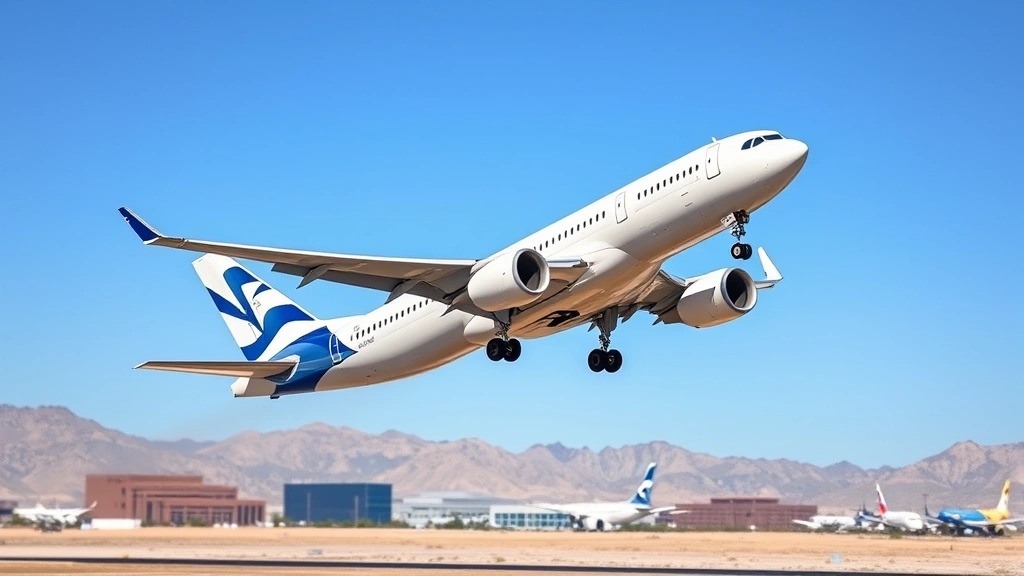 Professional photograph of modern commercial aircraft taking off from Las Vegas airport with desert landscape in background, clear blue sky, authentic airline livery visible, no text or signage