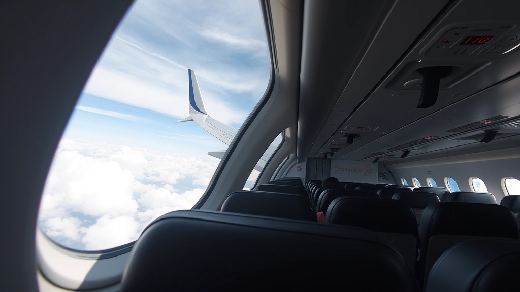 Wide-angle interior shot of airplane cabin during flight showing passenger seating, wing visible through window with clouds below, natural daylight through windows, realistic cabin environment