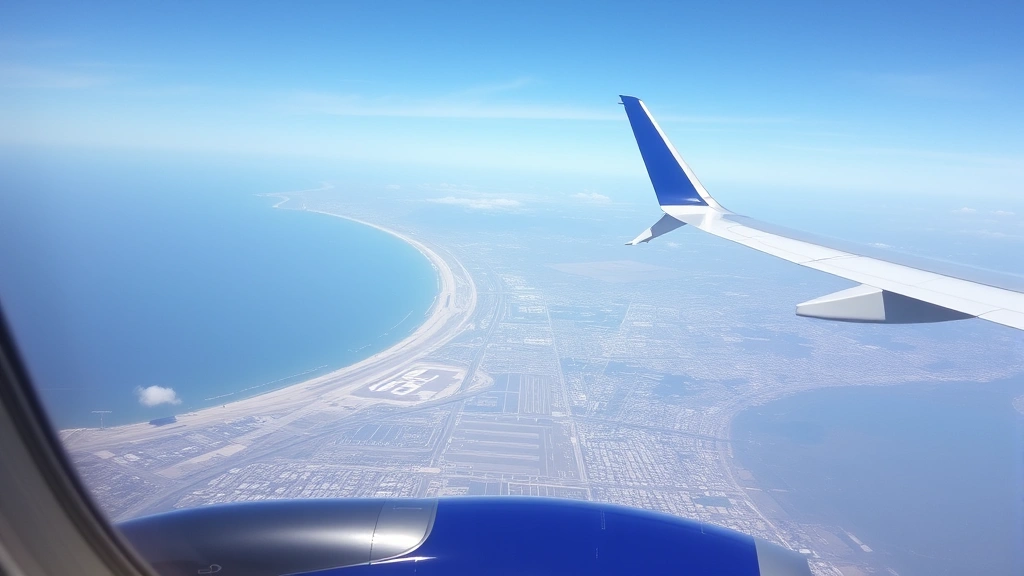 Aerial view of Los Angeles coastline and LAX airport from airplane window during approach, Pacific Ocean visible, urban sprawl and runway infrastructure below, authentic in-flight perspective