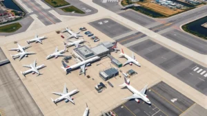 Aerial photograph of Norfolk International Airport with multiple commercial aircraft parked at gates, showing the terminal building and runway infrastructure in bright daylight