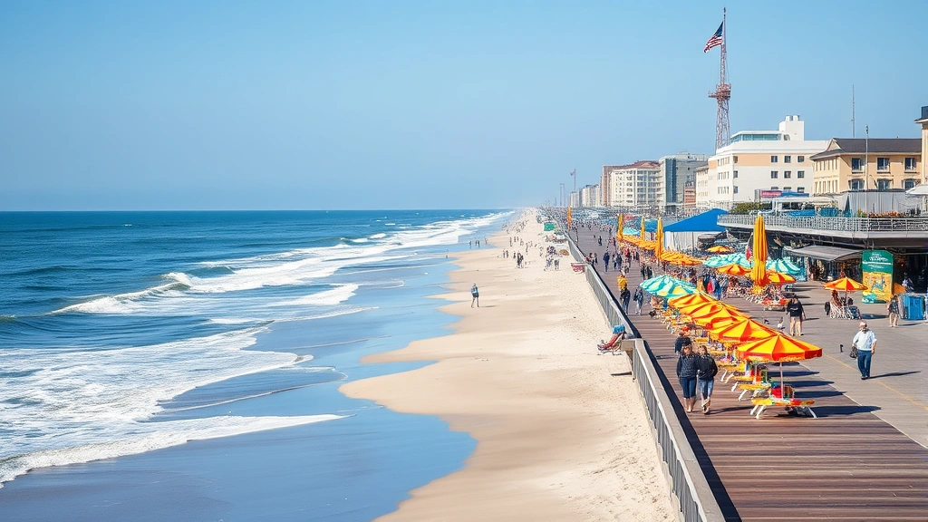 Vibrant oceanfront boardwalk scene in Virginia Beach with colorful beach umbrellas, sandy shoreline, and Atlantic Ocean waves under clear blue sky, tourists walking along the beach