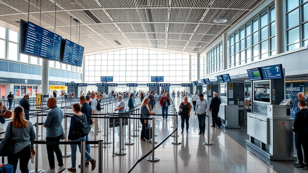 Modern airport security checkpoint with travelers moving through lanes, digital screens displaying flight information, and contemporary terminal architecture with natural lighting