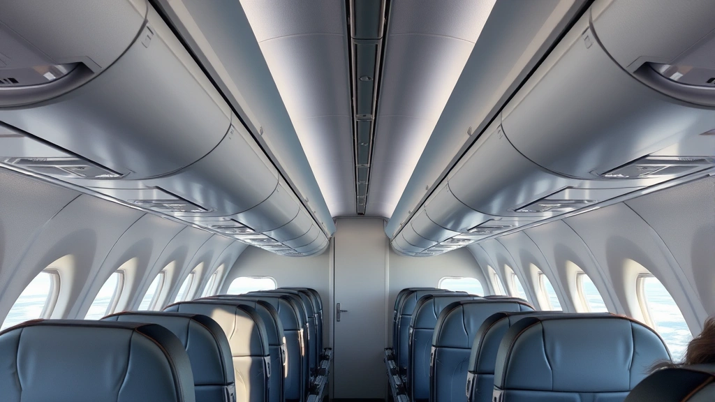 Modern commercial aircraft cabin interior showing empty passenger seats with overhead bins, aisle, and window views of Florida landscape below during flight descent