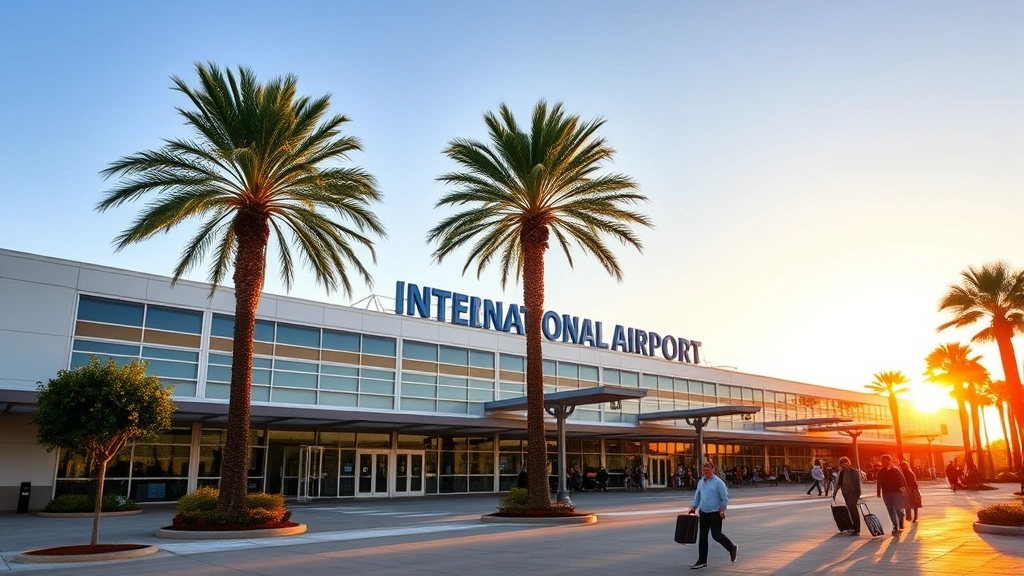 Orlando International Airport MCO modern terminal building exterior with palm trees, clear blue sky, and travelers with luggage walking toward the entrance during golden hour sunset