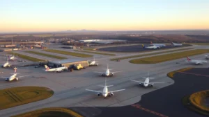 Aerial view of Nashville International Airport with commercial aircraft on tarmac and Tennessee landscape in background, natural lighting
