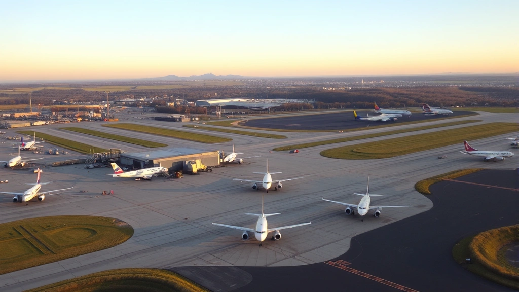 Aerial view of Nashville International Airport with commercial aircraft on tarmac and Tennessee landscape in background, natural lighting