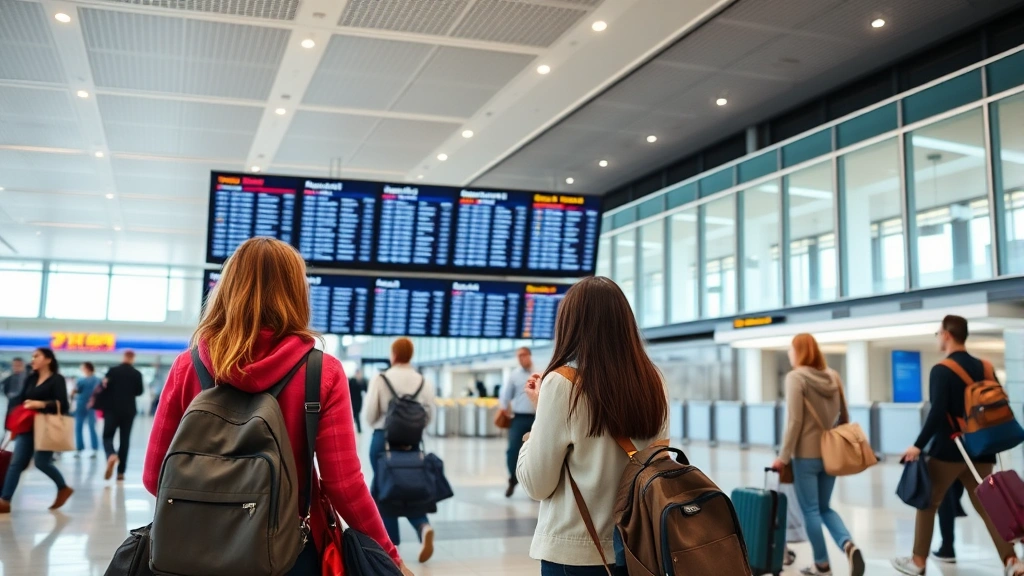 Modern airport terminal with travelers checking flight information displays, diverse passengers with luggage near departure gates