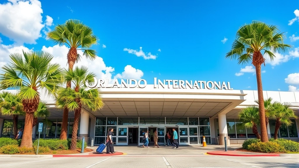 Orlando International Airport entrance with palm trees, sunny Florida weather, arriving passengers with luggage exiting terminal building