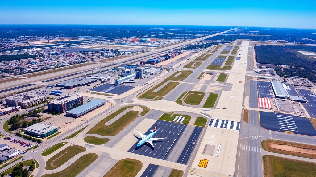 Aerial view of Charlotte Douglas International Airport with runways and terminal buildings visible, sunny day with clear blue sky, commercial aircraft on tarmac