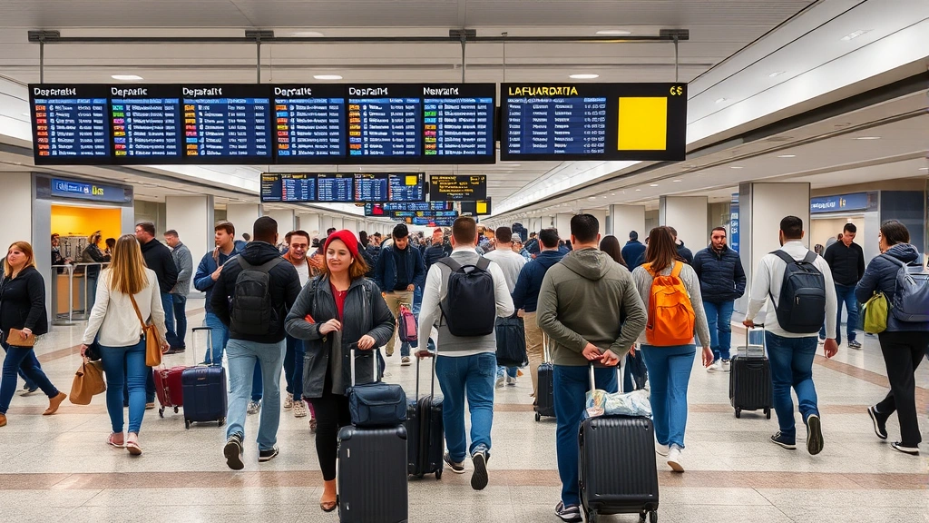 Busy airport terminal at LaGuardia or Newark showing travelers with luggage walking through modern corridor, departure boards visible in background, diverse passengers