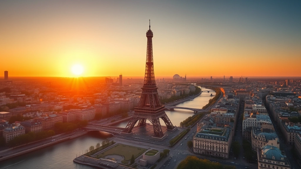 Aerial view of Paris Eiffel Tower and Seine River at golden hour sunset, cityscape below, romantic European destination, high quality travel photography
