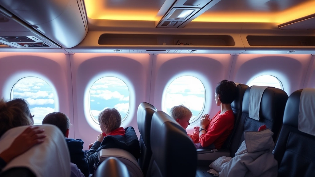 Modern airplane cabin interior economy class with passengers, window seat view of clouds and Atlantic Ocean, long-haul flight comfort setting, bright cabin lighting