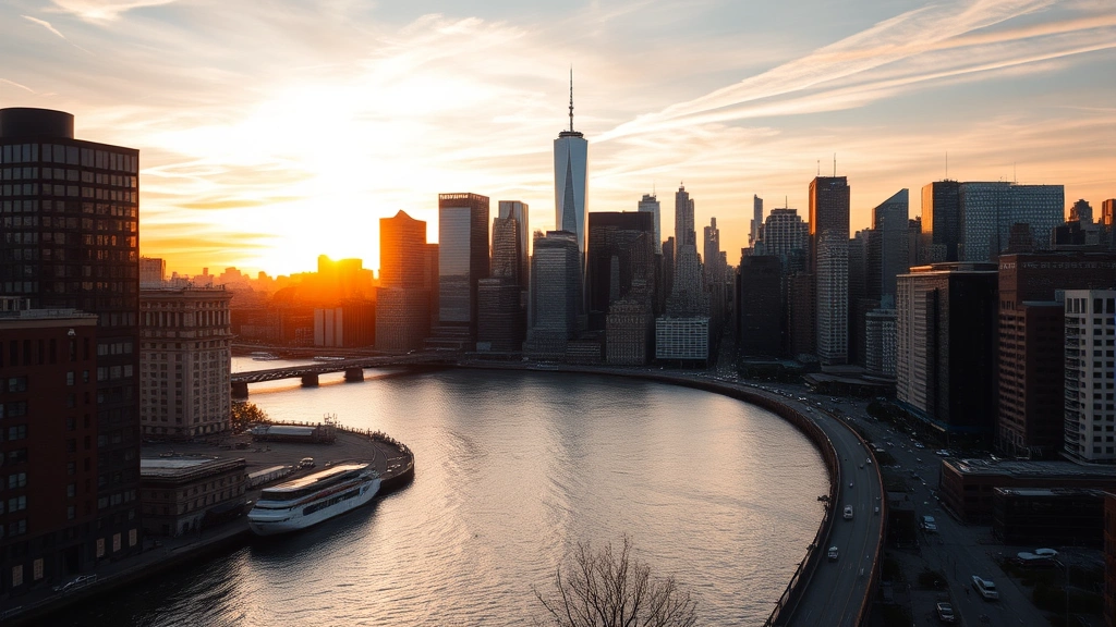 New York City skyline with Manhattan buildings and Hudson River, sunset golden light, iconic NYC destination view, urban travel photography perspective