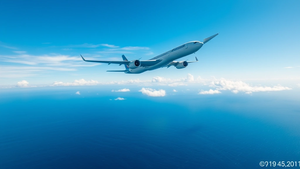 Modern commercial airplane cruising over Atlantic Ocean with bright blue sky and white clouds, capturing transatlantic flight journey perspective